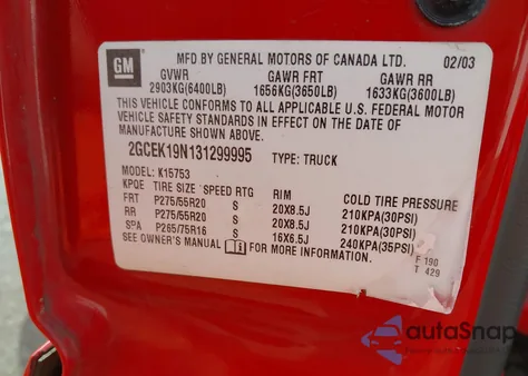 2003 Chevrolet Silverado 1500 Ss from USA, damaged, VIN 2GCEK19N131299995